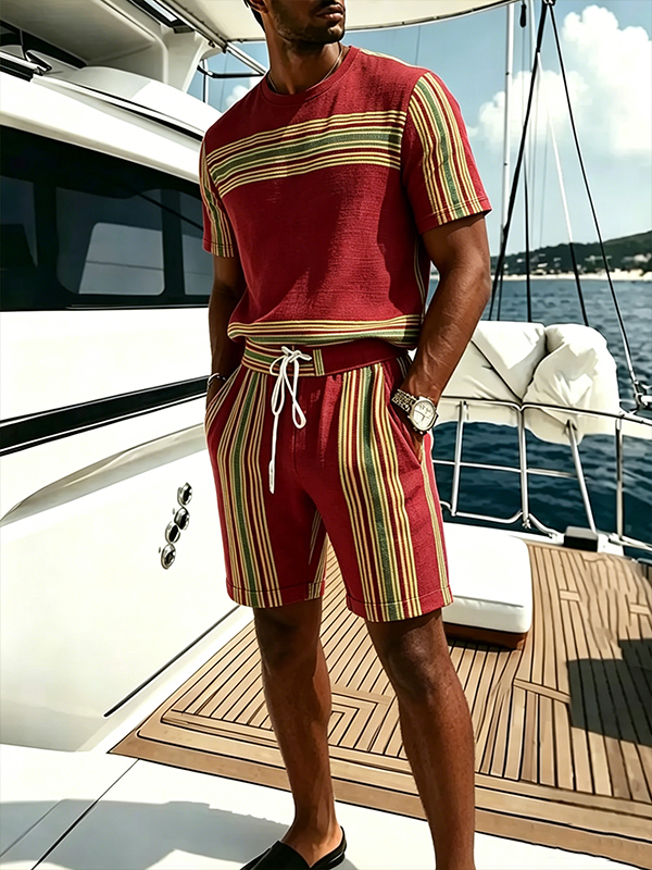 Men's Striped Colorblock Art Print T-Shirt Shorts Set