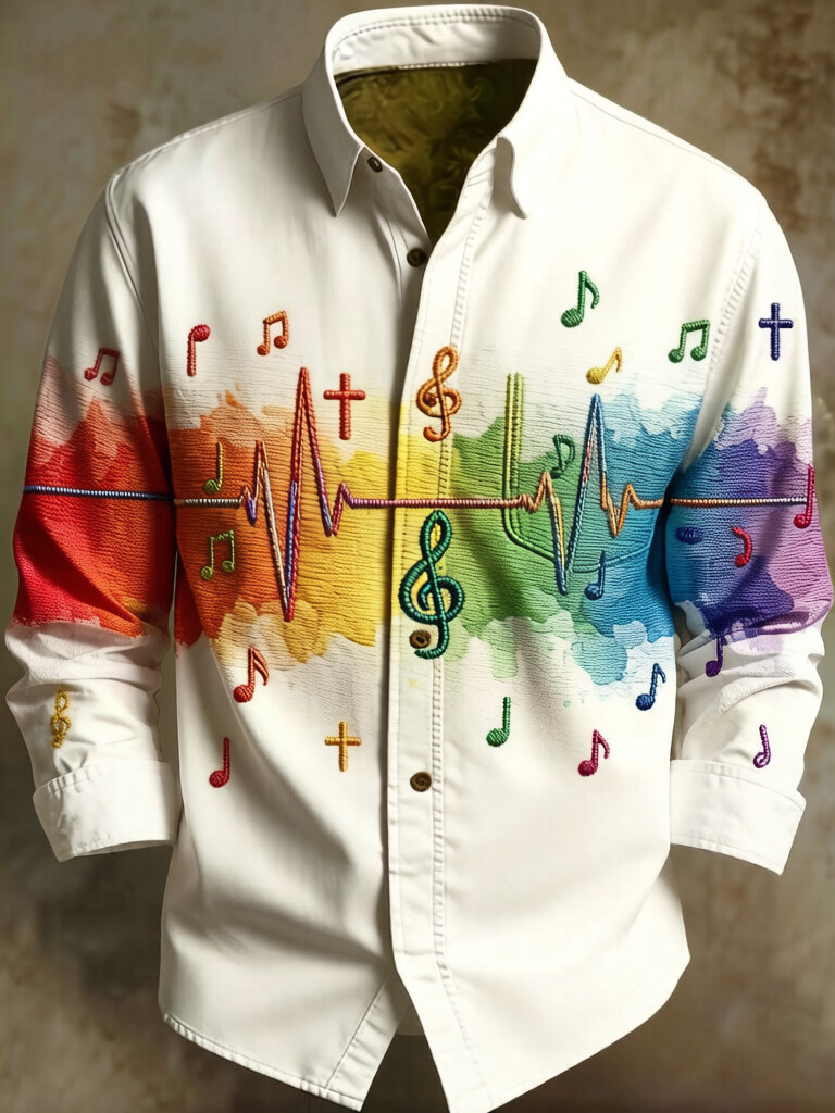 Men's Retro Rainbow Notes Pattern Long Sleeve Shirt