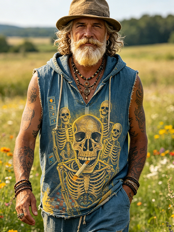 Men's Vintage Golden Skeleton Band Print Hooded Tank Top