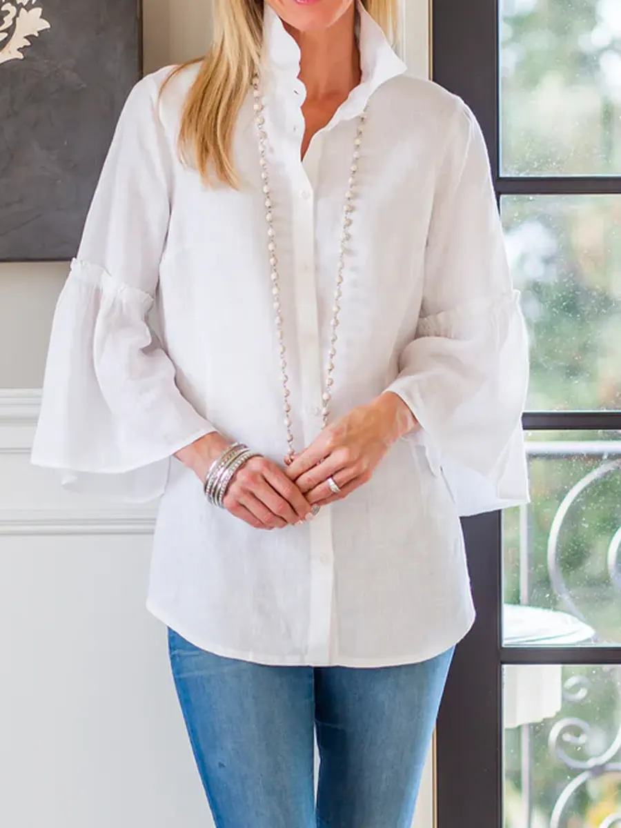 Women's Solid Color Lapel 3/4 Sleeve Casual Loose Cotton And Linen Shirt
