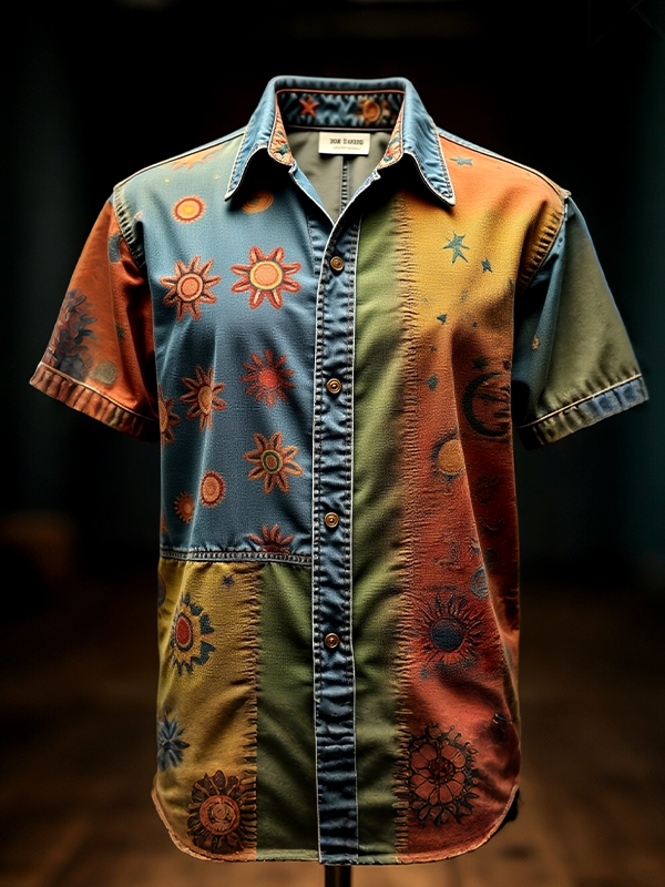 Men's Boho Sun Hippie Abstract Art Print Shirt