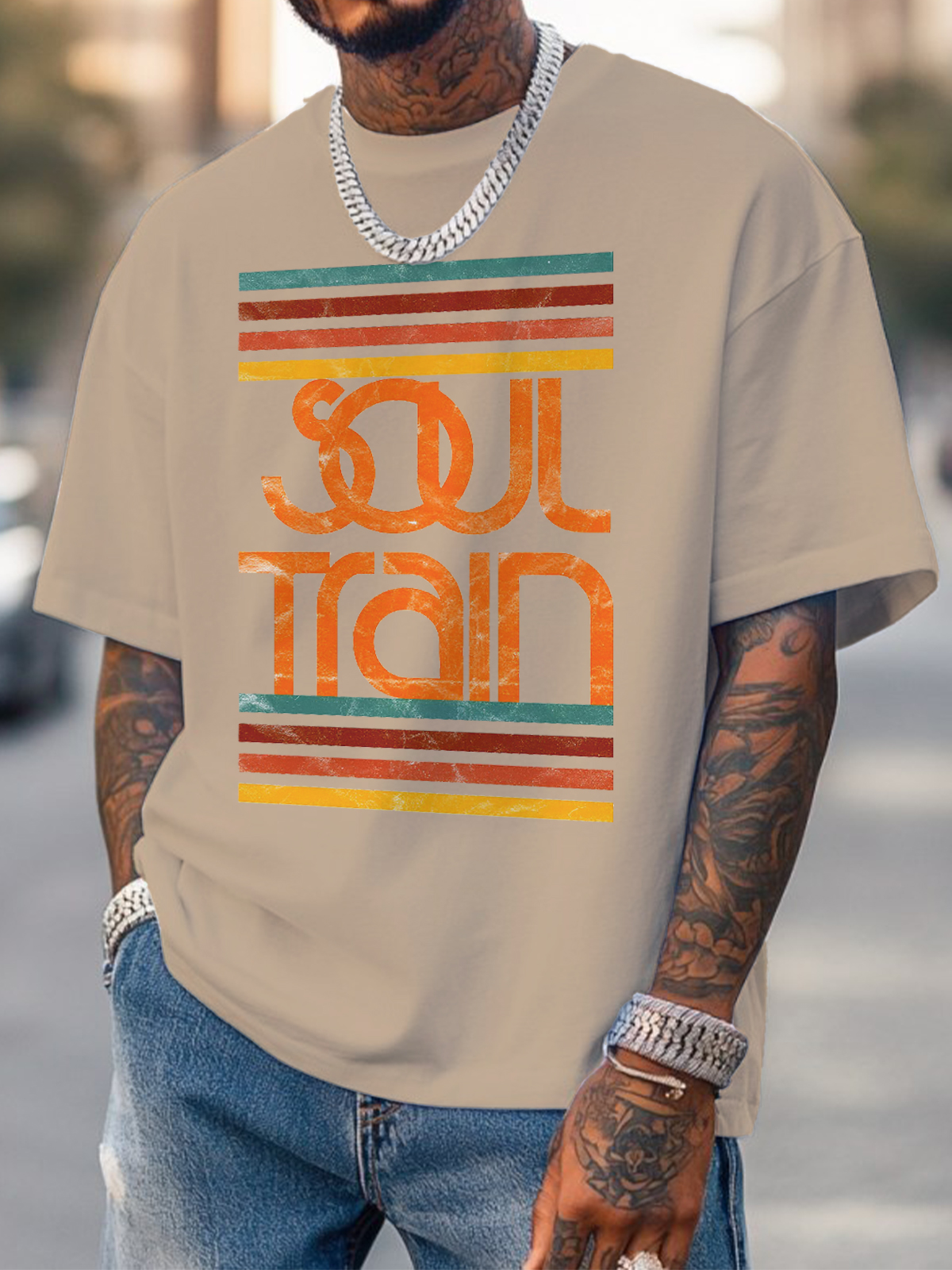 Men's Soul Train Striped Print Cotton Casual T-Shirt