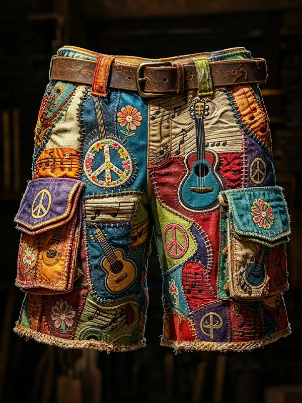 Men's Hippie Peace Symbol Guitar Floral Patchwork Art Print Casual Shorts