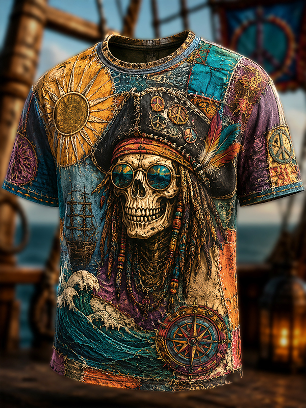 Men's Hippie Skull Pirate Art Print T-Shirt