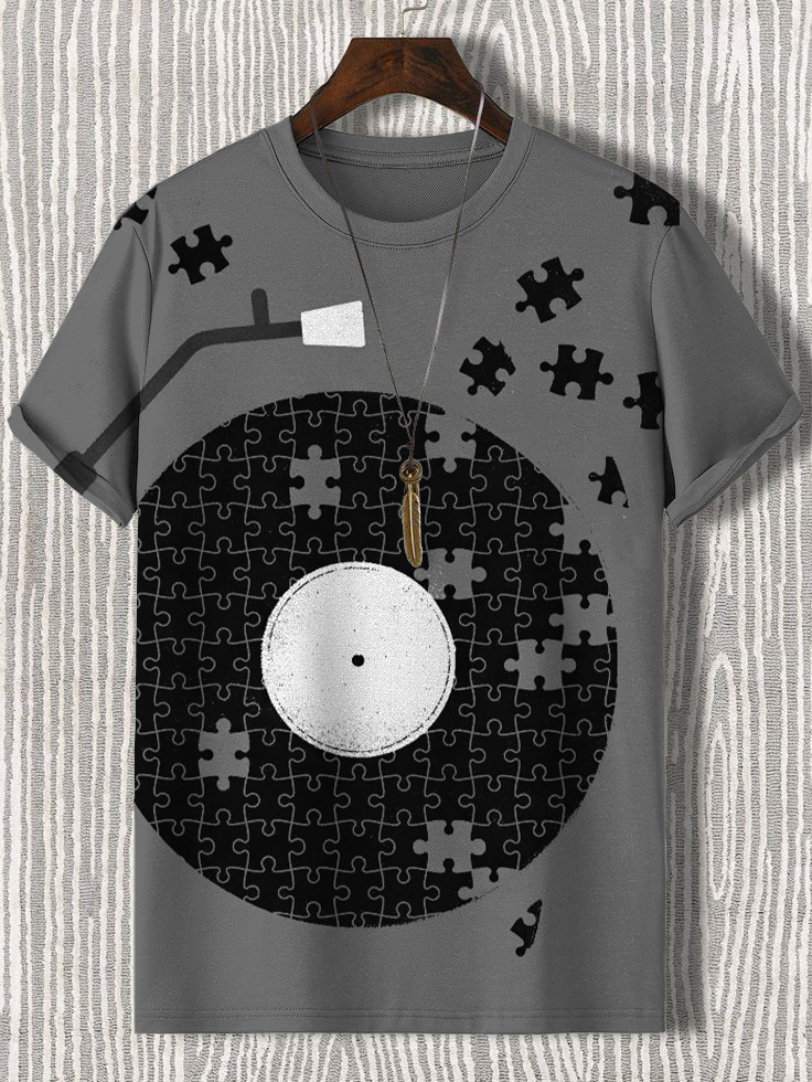 Men's Vinyl Record Music Jigsaw Art Print Casual T-Shirt