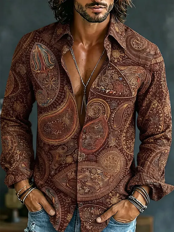 Men'S Vintage Paisley Embroidery Pattern Print Long Sleeve Shirt