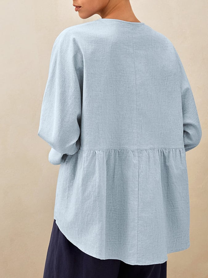 Women's Linen Crew Neck Casual Long Sleeve Top