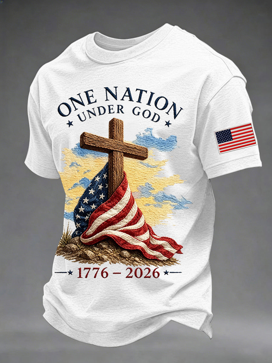 Men's Independence Day One Nation Under God Cross American Flag Print Cotton Casual T-Shirt