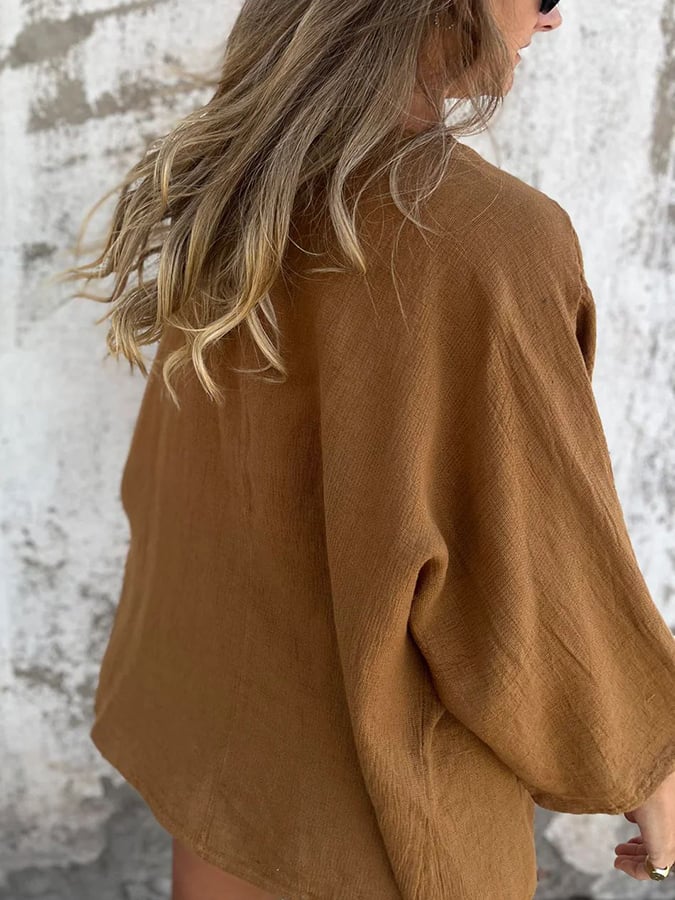 Women's V-Neck Long Sleeve Loose Button Design Casual Shirt