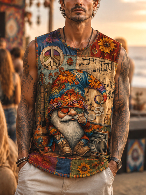 Men's Hippie Gnome Peace Sign Sunflower Retro Music Note Patchwork Art Print Tank Top