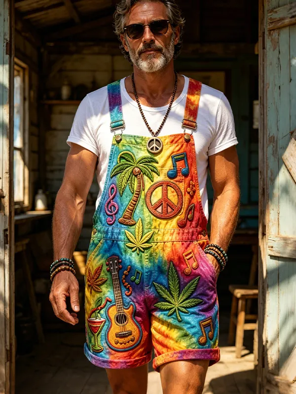 Men's Rainbow Tie Dye Peace Sign Guitar Palm Leaf Print Shorts Overalls