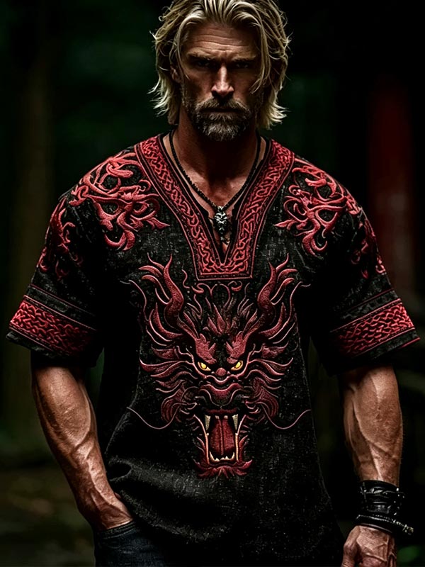 Men's Oriental Dragon Art Print V Neck T-Shirt
