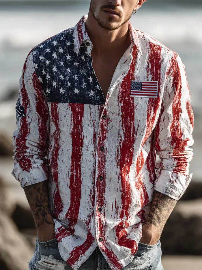 Men's Retro Patriotic USA Flag Art Print Long Sleeve Shirt