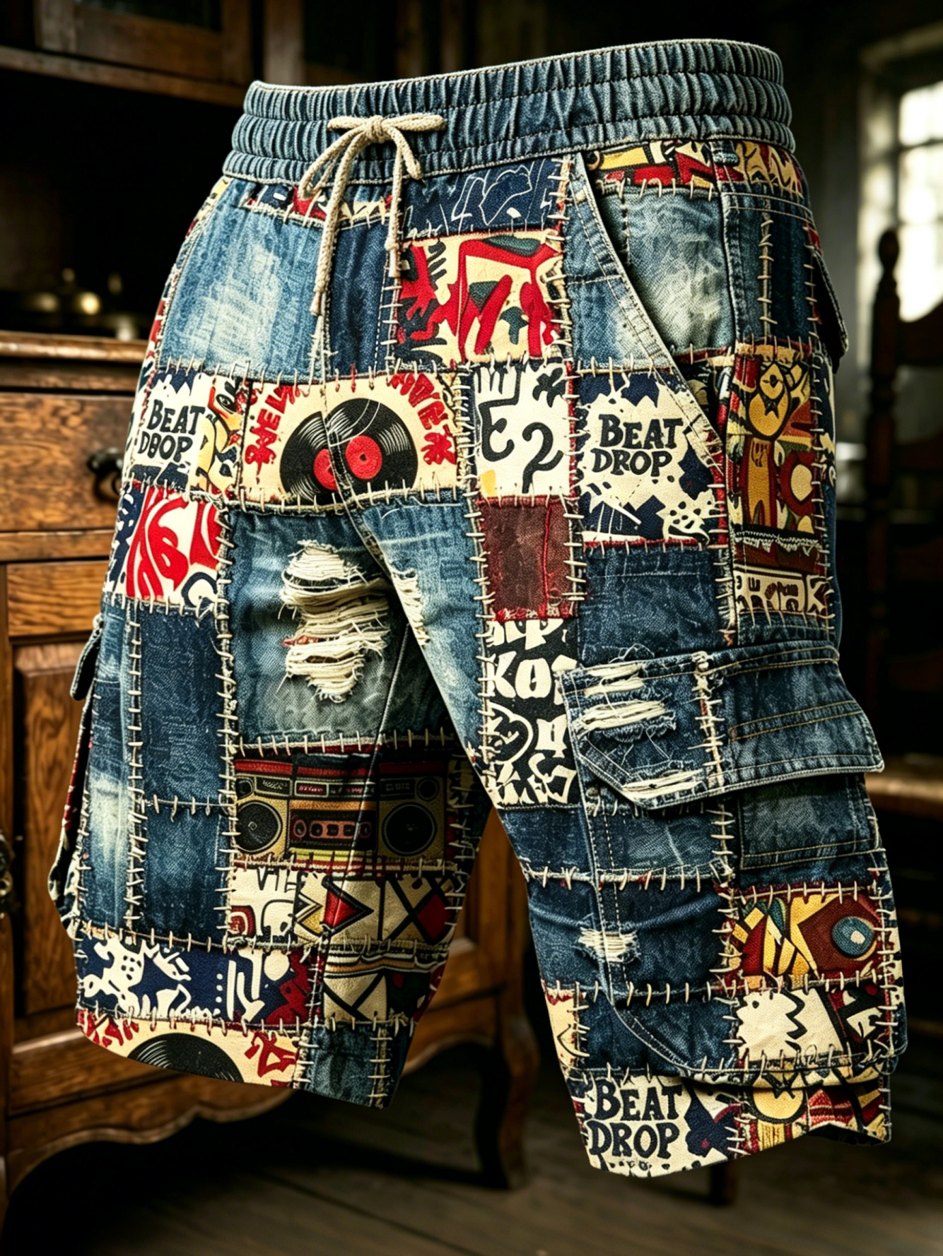 Men's Vintage Patchwork Music Themed Hip Hop Art Print Drawstring Waist Shorts