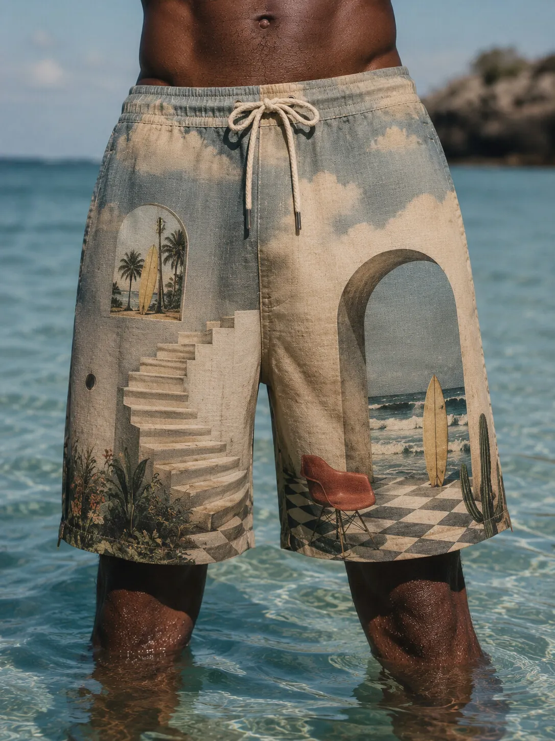 Men's Retro Surreal Architecture Ocean Surfboard Art Print Casual Shorts