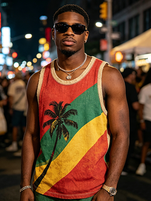 Men's Colorblock Red Green Yellow Palm Tree Art Print Tank Top