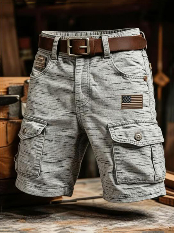Men's Retro Geometric Texture American Flag Print Denim-Like Cargo Shorts