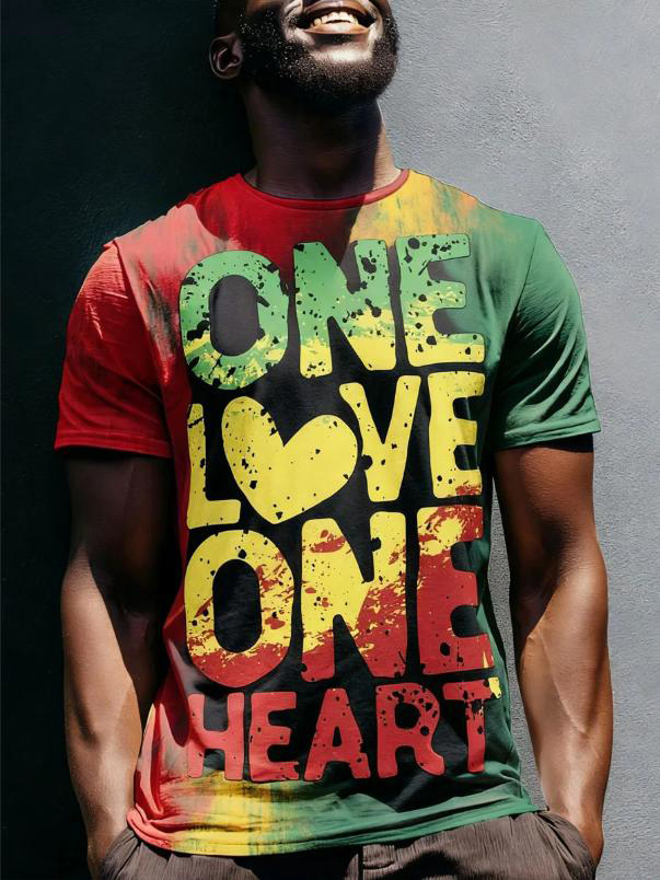 Men's Rasta Reggae One Love One Heart Tie Dye Art Print T-Shirt