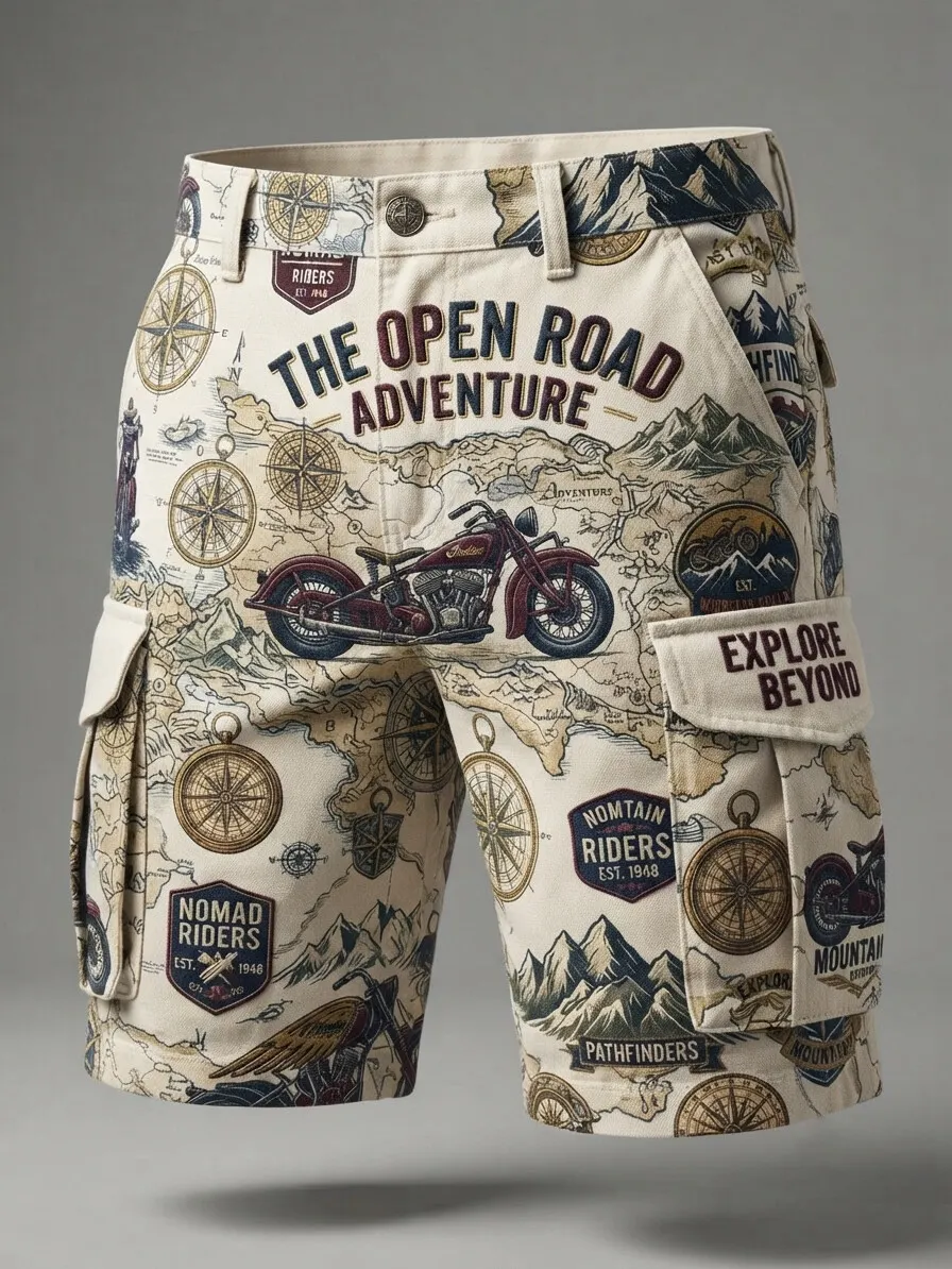 Men's Open Road Motorcycle Compass Mountain Map Print Casual Shorts