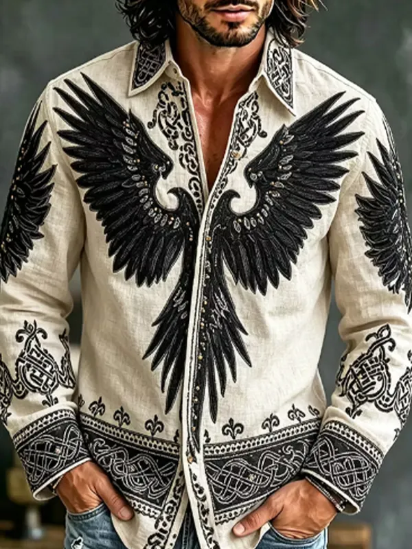 Men's Black Eagle Wing Art Print Long Sleeve Shirt