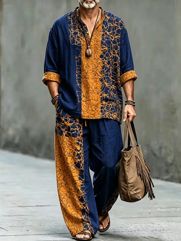 Men's Cracked Texture Patchwork Print Half Button Long Sleeve Shirt Pants 2pcs Set