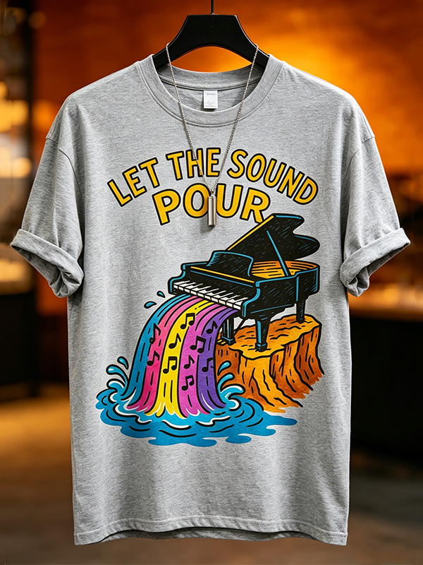 Men's Funny Piano Let The Sound Pour Music Note Print T-Shirt