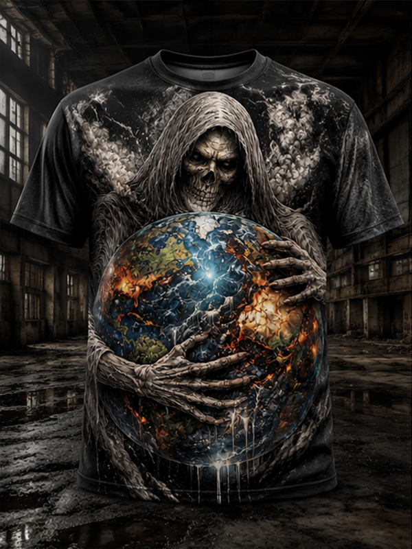 Men's Grim Reaper Holding Earth Graphic Print T-Shirt