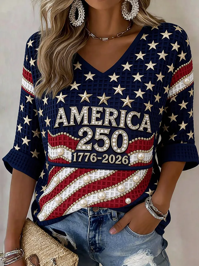 Women's American 250th Anniversary Three-Quarter Sleeve V-Neck Top