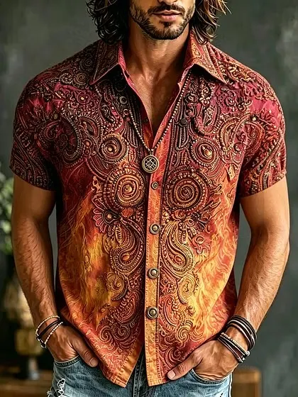 Men's Boho Paisley Flame Print Short Sleeve Shirt
