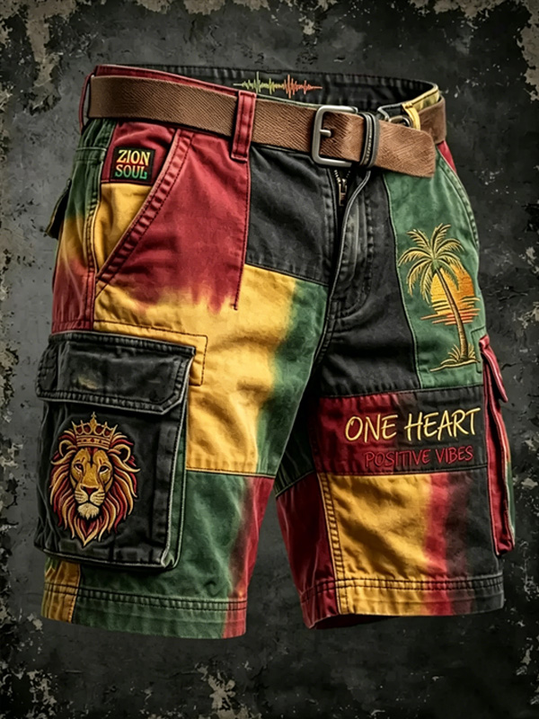 Men's Rasta Reggae Patchwork Lion Palm Tree One Heart Art Print Casual Shorts