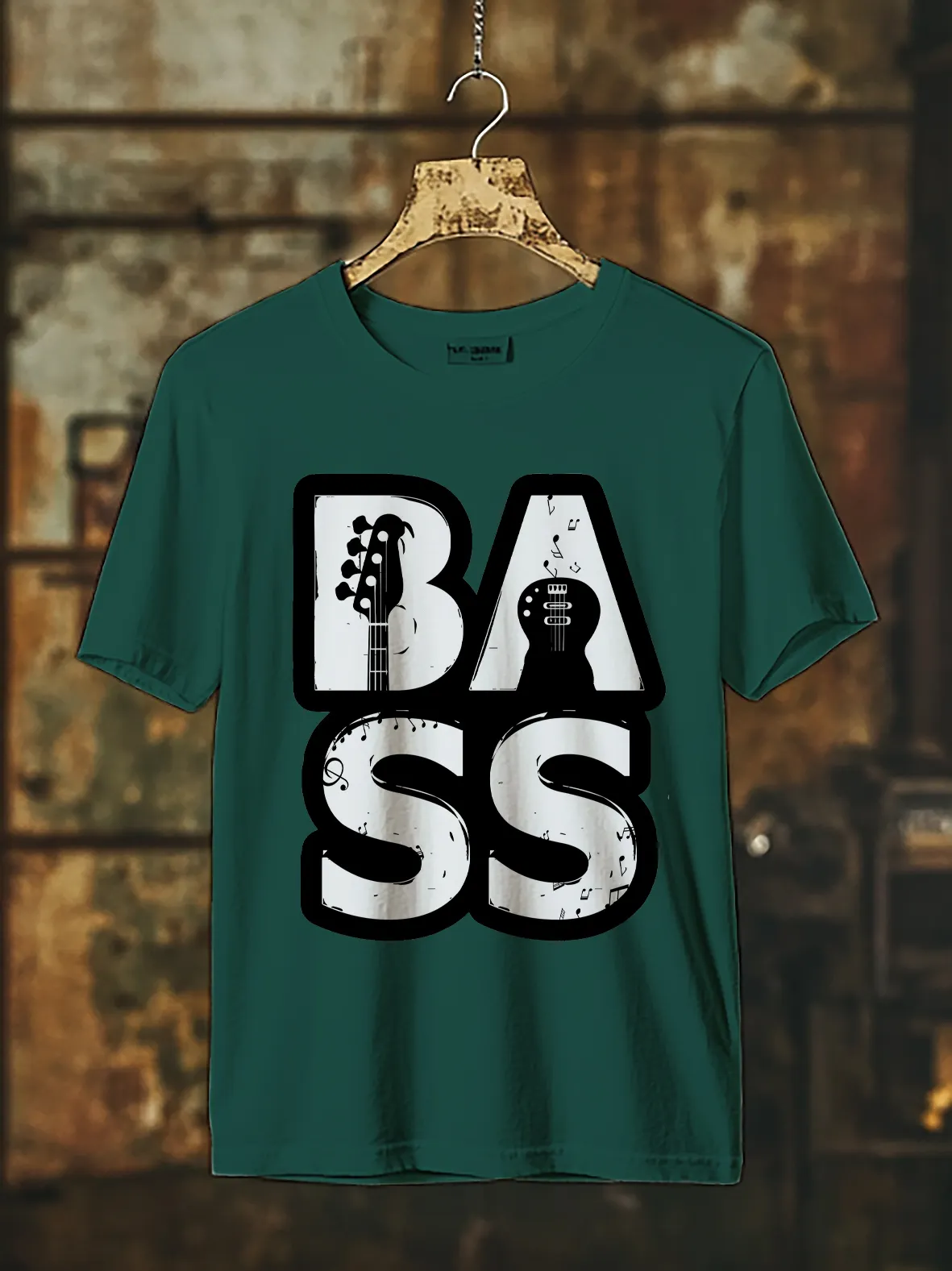 Men's Bass Guitar Music Note Print Cotton Casual T-Shirt