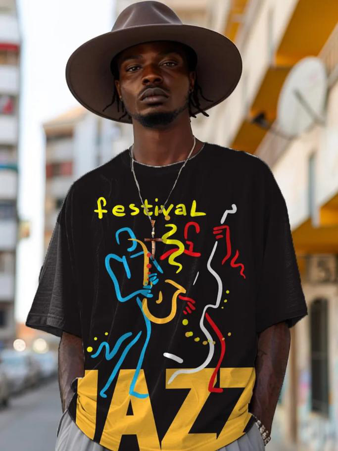Men's Jazz Festival Abstract Musician Silhouette Print Drop Shoulder Casual T-Shirt