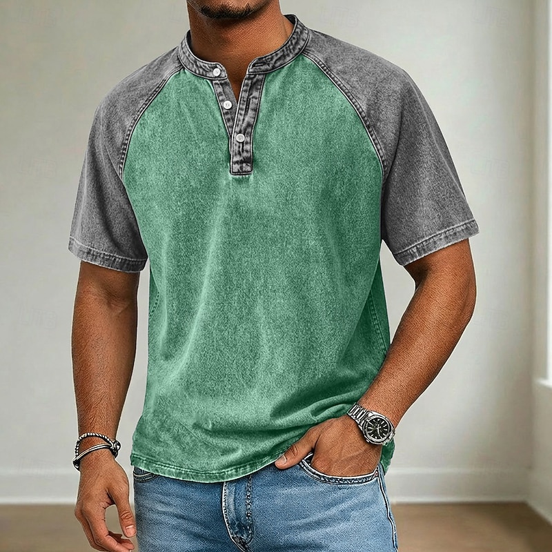 Men's Henley Acid Wash Shirt - Color Block Patchwork Vintage