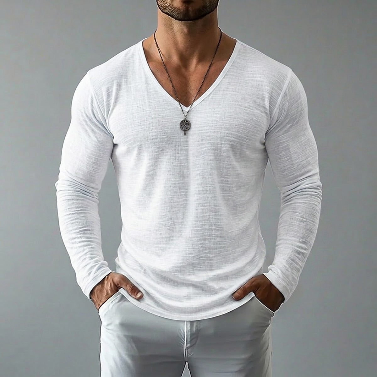 Men’s Lightweight Linen-Texture V-Neck Tee - White 3XL
