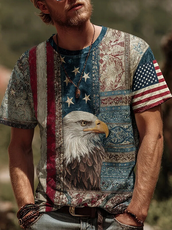 Men's Retro Bald Eagle American Flag Printed Casual T-Shirt