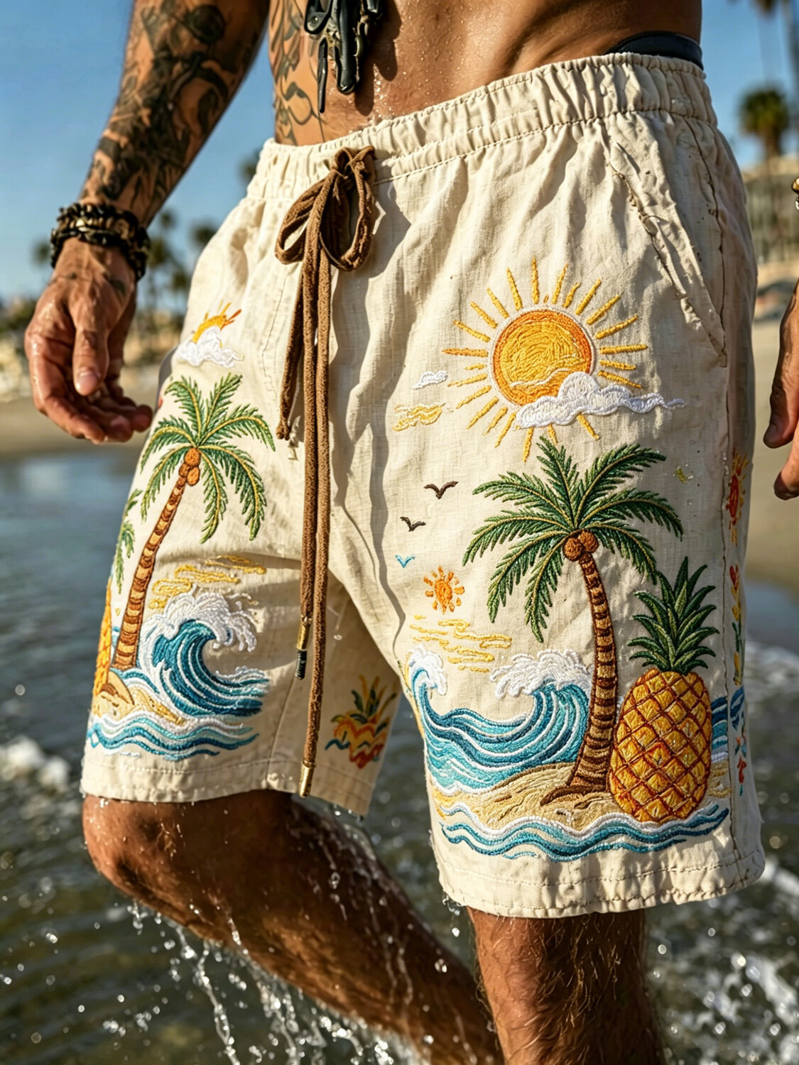 Men's Palm Tree Sun Pineapple Print Casual Beach Shorts