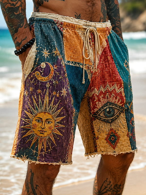 Men's Retro Mysterious Hippie Sun And Eyes Art Print Casual Shorts