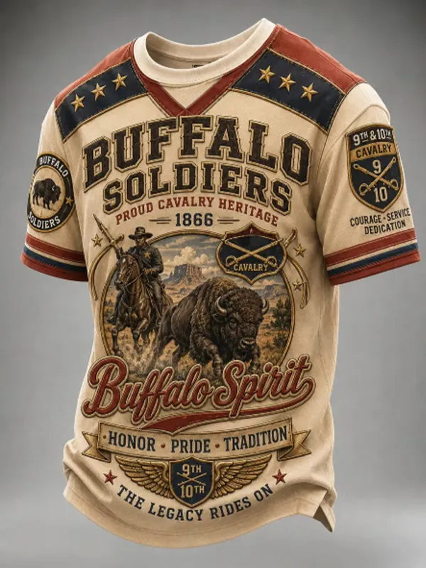 Men's Buffalo Spirits Soldiers Retro Print Casual T-Shirt