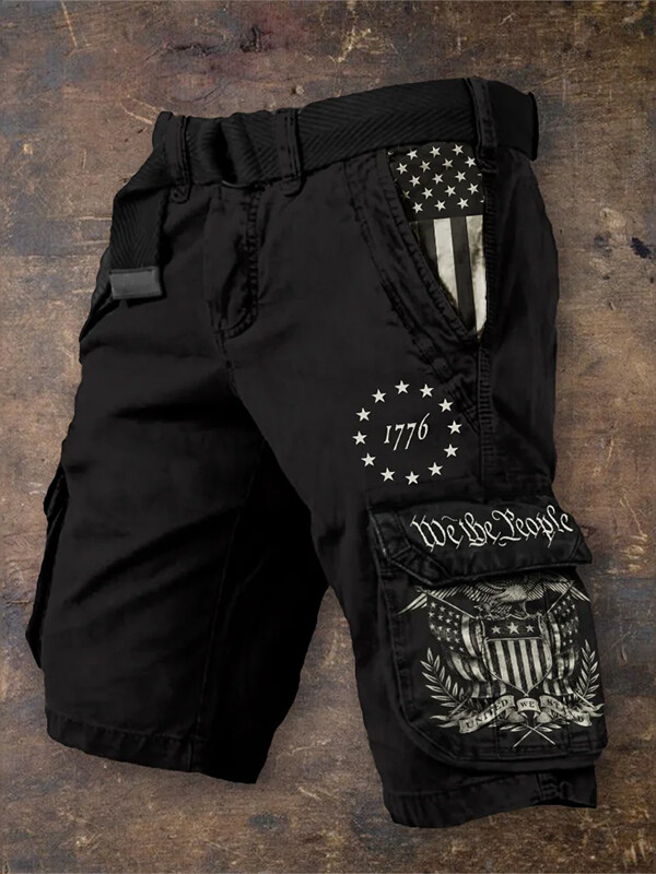 Men's American Flag We The People United We Stand Print Denim-Like Cargo Shorts