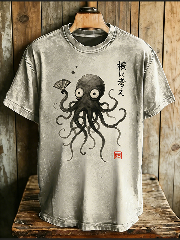 Men's Ink Wash Art Octopus Japanese Print Casual T-Shirt