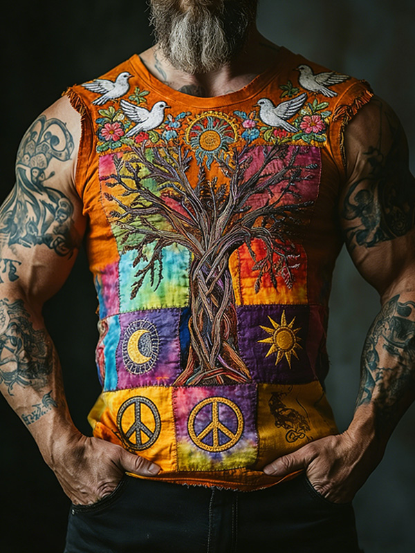 Men's Patchwork Tree Of Life Peace Sign Dove Art Print Tank Top
