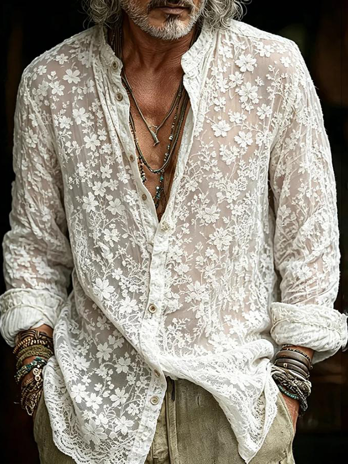 Men's Lace Ditsy Floral All Over Print Long Sleeve Shirt