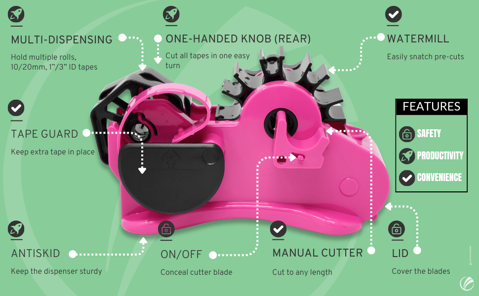 Features of a pink color heat tape dispenser for sublimation for one-hand operation Features of a pink color heat tape dispenser for sublimation for one-hand operation
