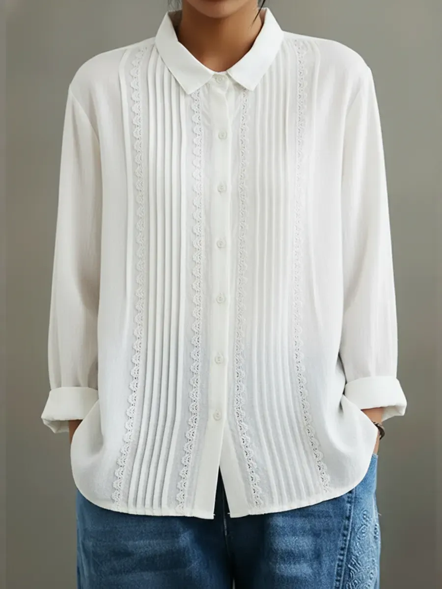 Women's Patchwork Lace Trim Linen And Cotton Pleated Shirt
