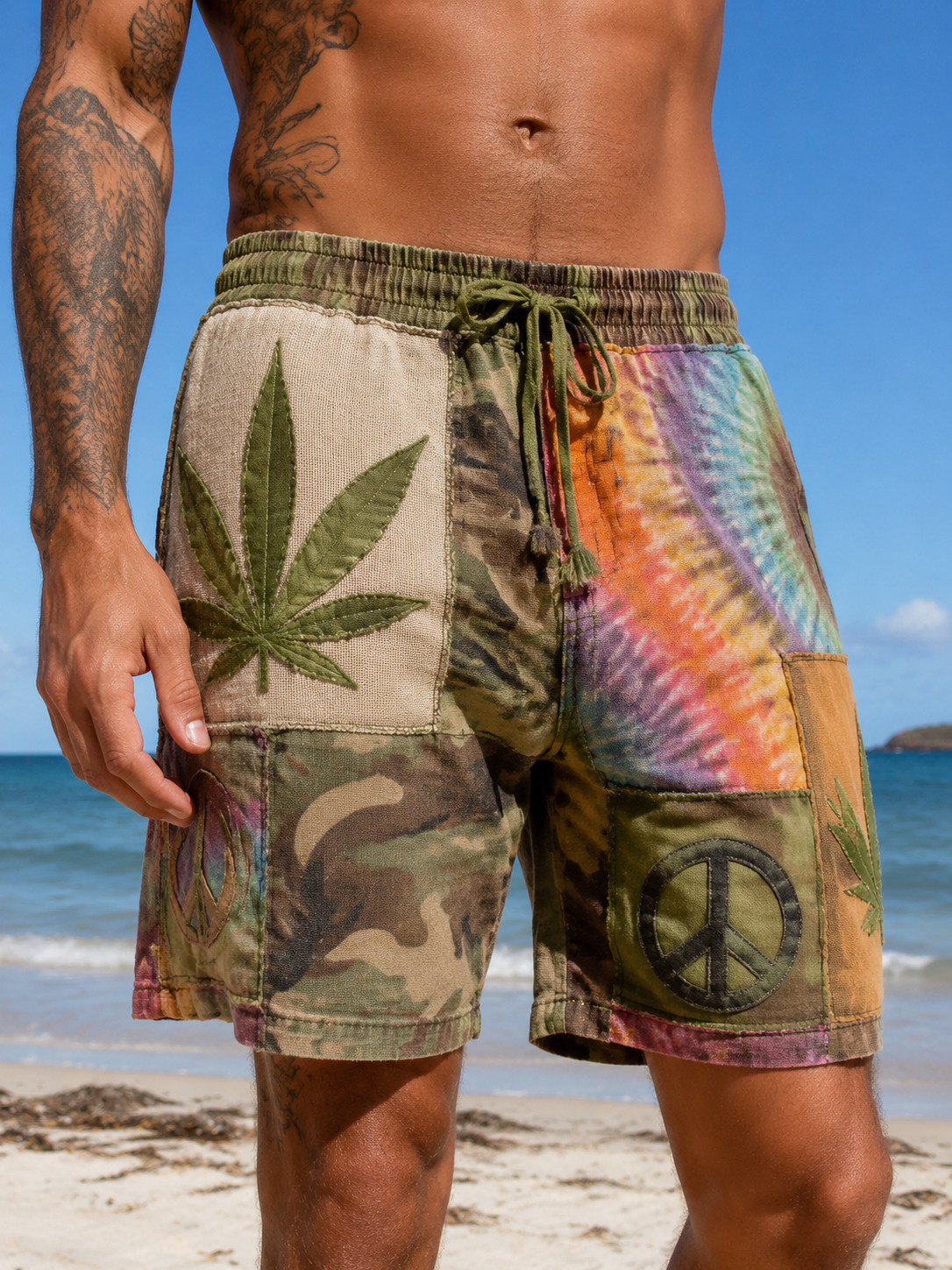 Men's Hippie Tie-Dye Camo Peace Sign Hemp Leaf Patchwork Print Casual Shorts