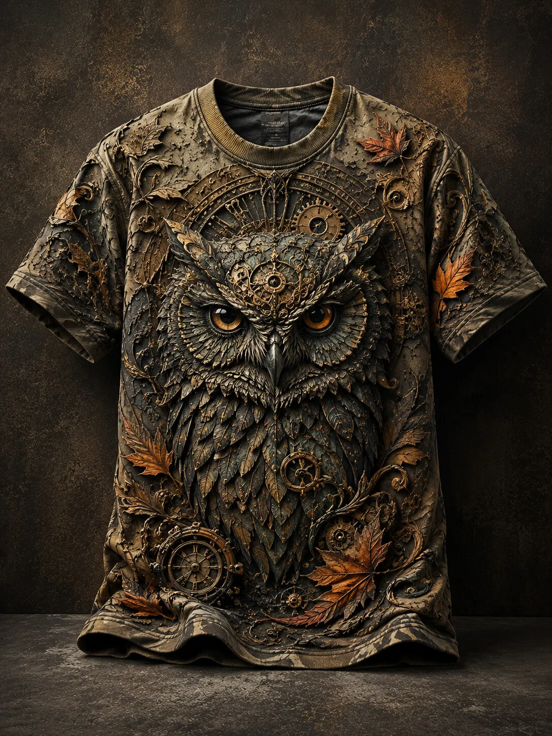 Men's Steampunk Mechanical Owl Vintage Gears Print Casual T-Shirt
