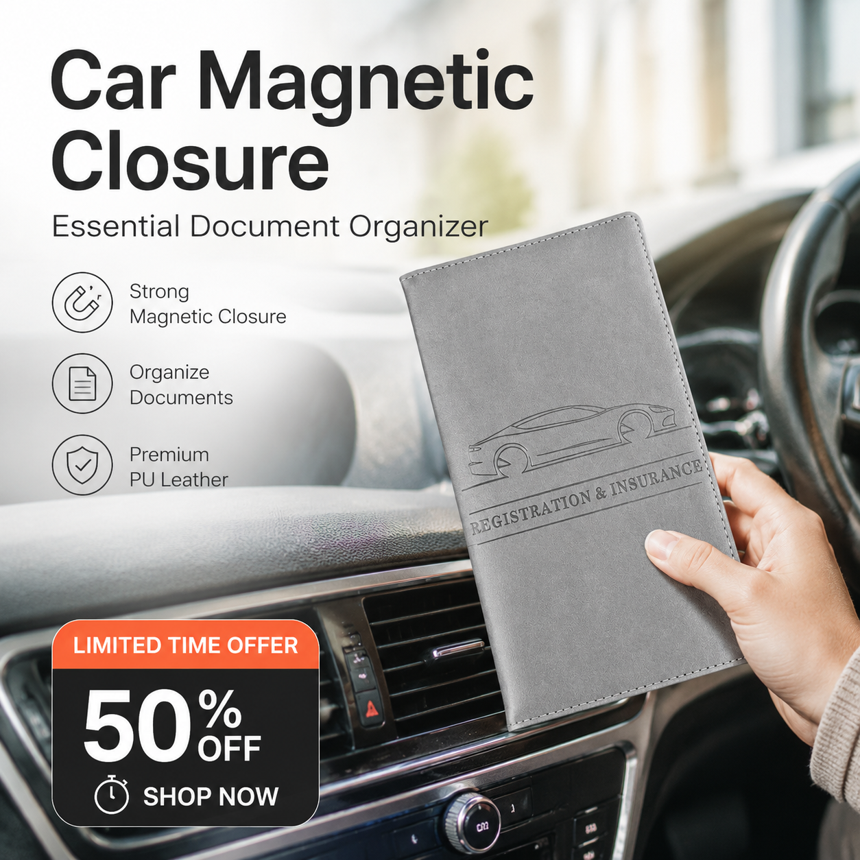 📢📢50% OFF !! ⏰Car Magnetic Closure Essential Document Organizer