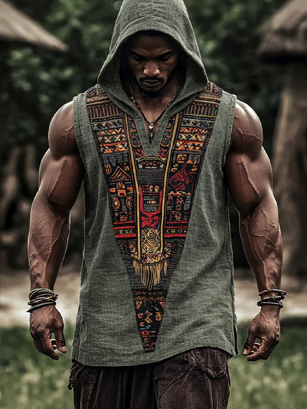 Men's Retro Geometric African Ethnic Patterns Art Print Workout Hooded Tank Top