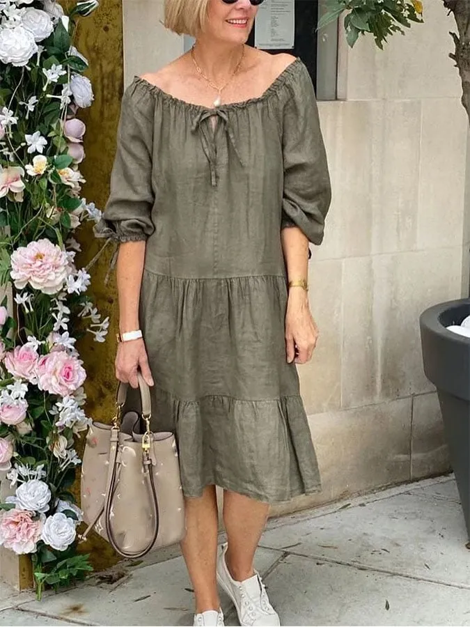 Ladies Solid Color Cotton Linen Long Sleeve Dress