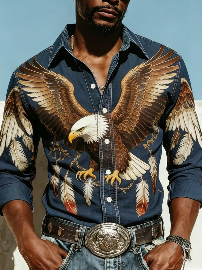 Men's Bald Eagle Feathers Print Long Sleeve Shirt